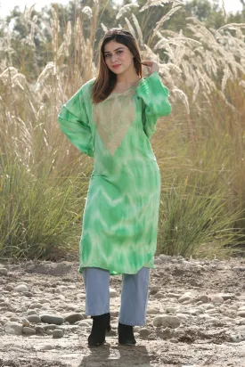 CHARISMATIC VEGGIE GREEN COLOUR TIE-DYE Aari Tilla Work Embroidered Phiran Enriched Designer Neckline Pattern