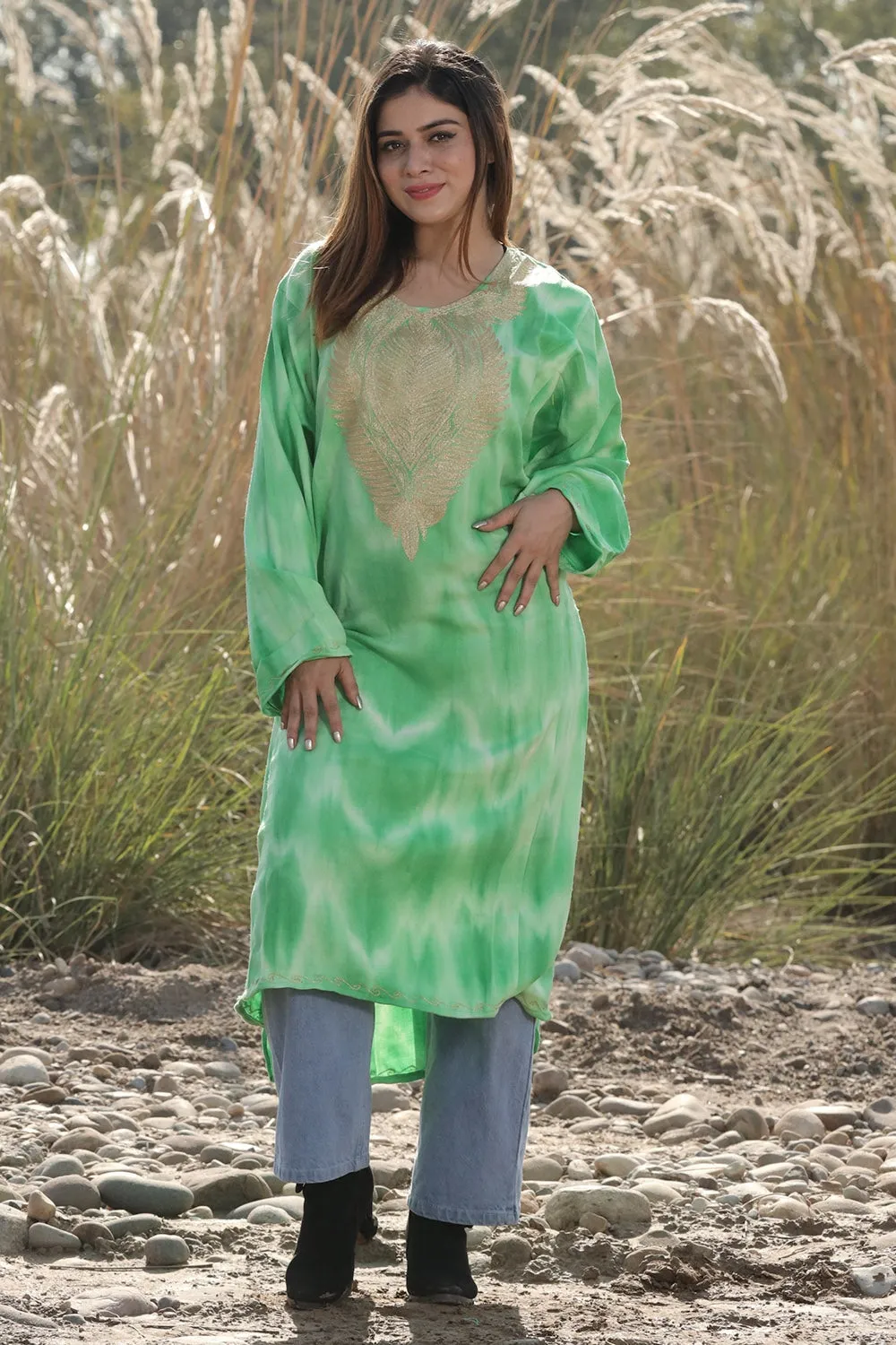 CHARISMATIC VEGGIE GREEN COLOUR TIE-DYE Aari Tilla Work Embroidered Phiran Enriched Designer Neckline Pattern