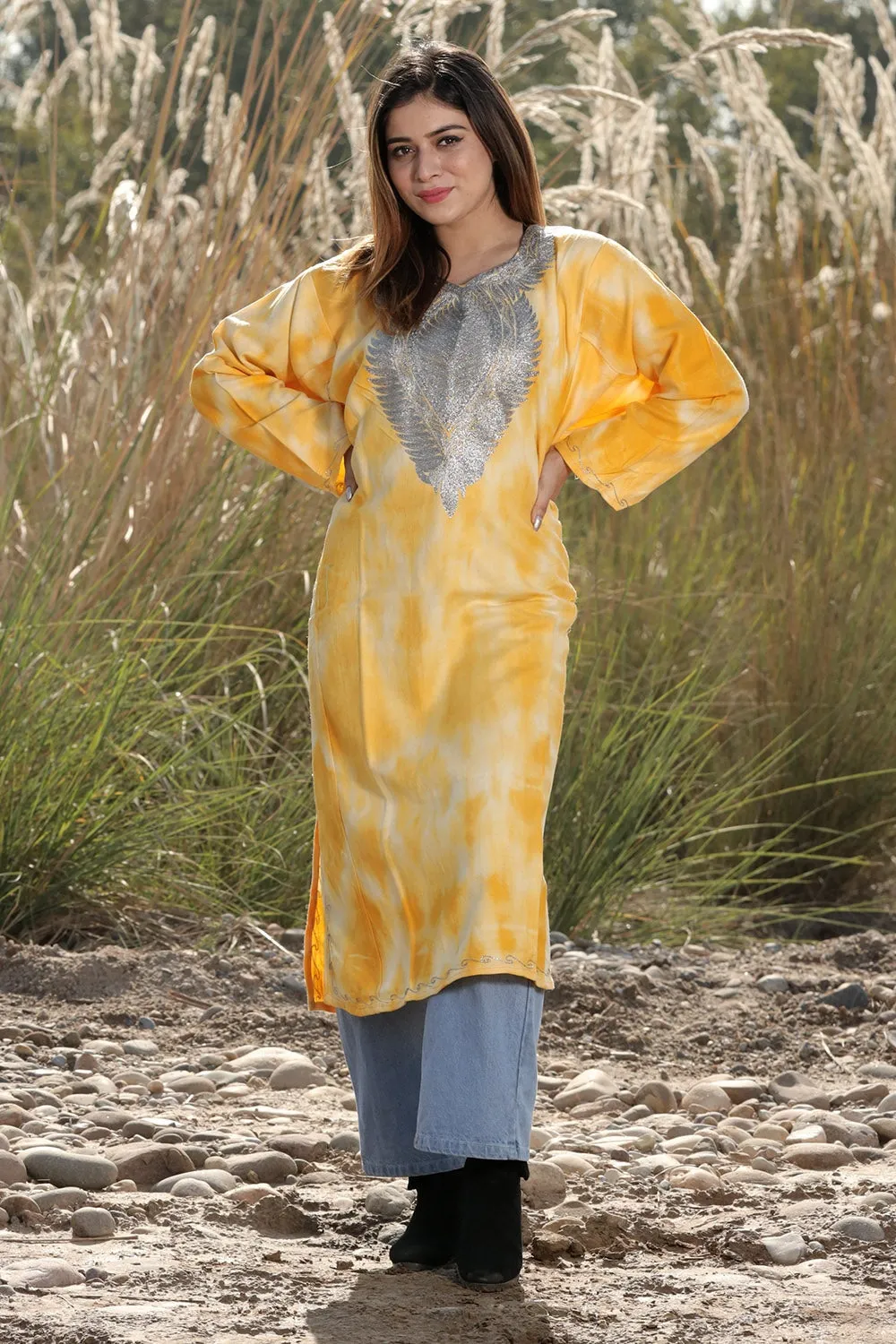CHARISMATIC YELLOW TIE-DYE  Colour Aari Tilla Work Embroidered Phiran Enriched Designer Neckline Pattern