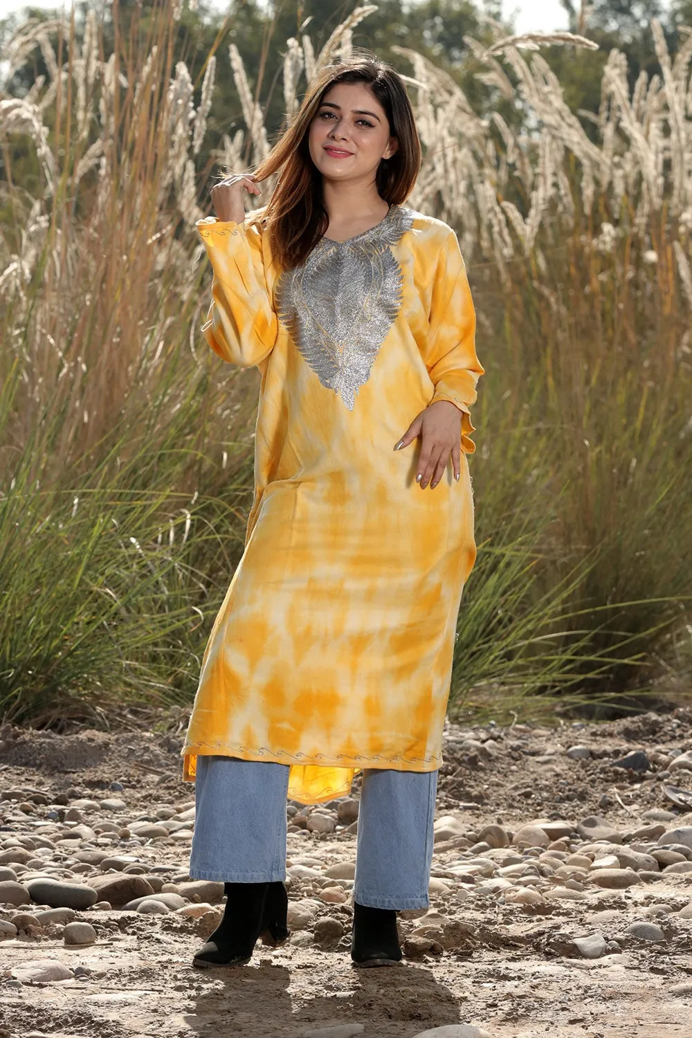 CHARISMATIC YELLOW TIE-DYE  Colour Aari Tilla Work Embroidered Phiran Enriched Designer Neckline Pattern