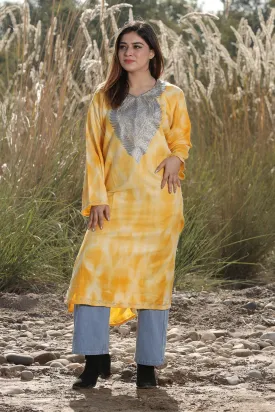 CHARISMATIC YELLOW TIE-DYE  Colour Aari Tilla Work Embroidered Phiran Enriched Designer Neckline Pattern