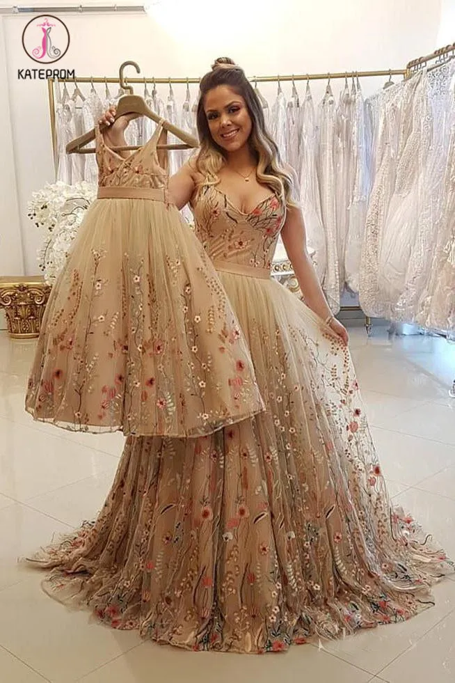 Cheap V Neck Straps Floral Prom Dresses, Sleeveless Long Formal Dresses KPP0757