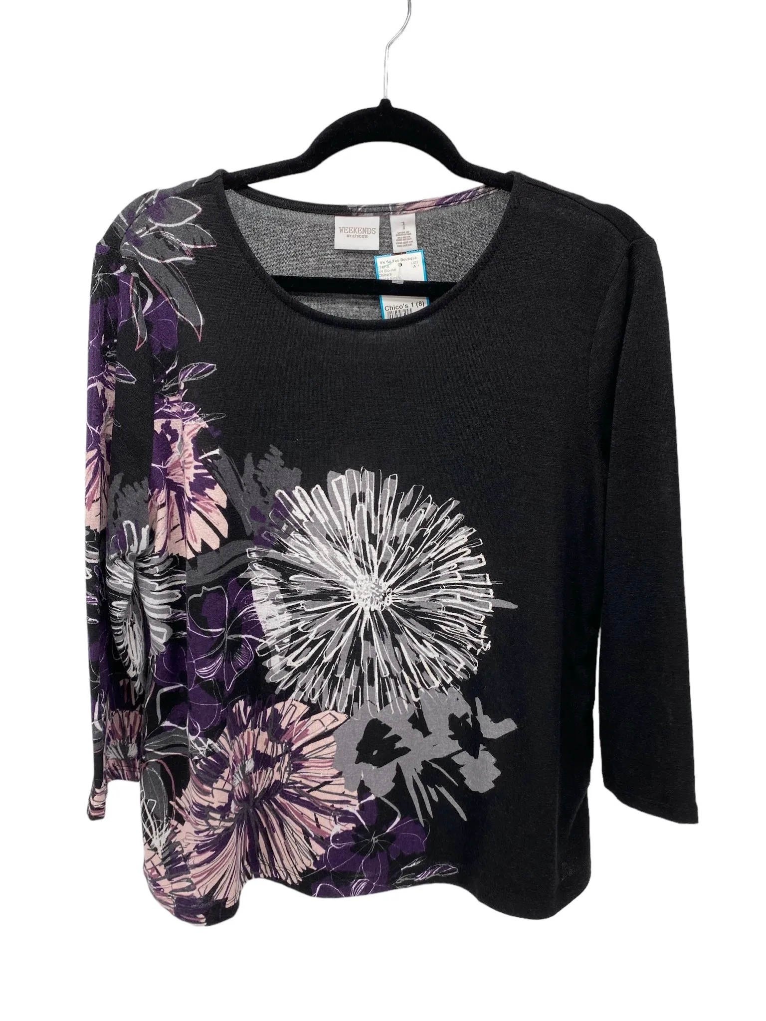 Chico's Misses Size Chico's 1 (8) Black Floral 3/4 Blouse