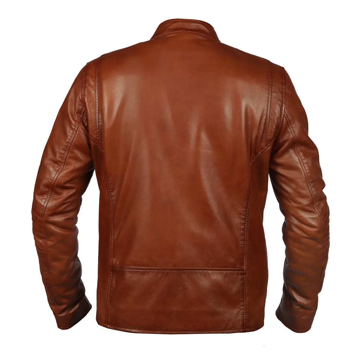 Classic Ban Neck Collar Front Zipper Pockets Tan Men Leather Jacket