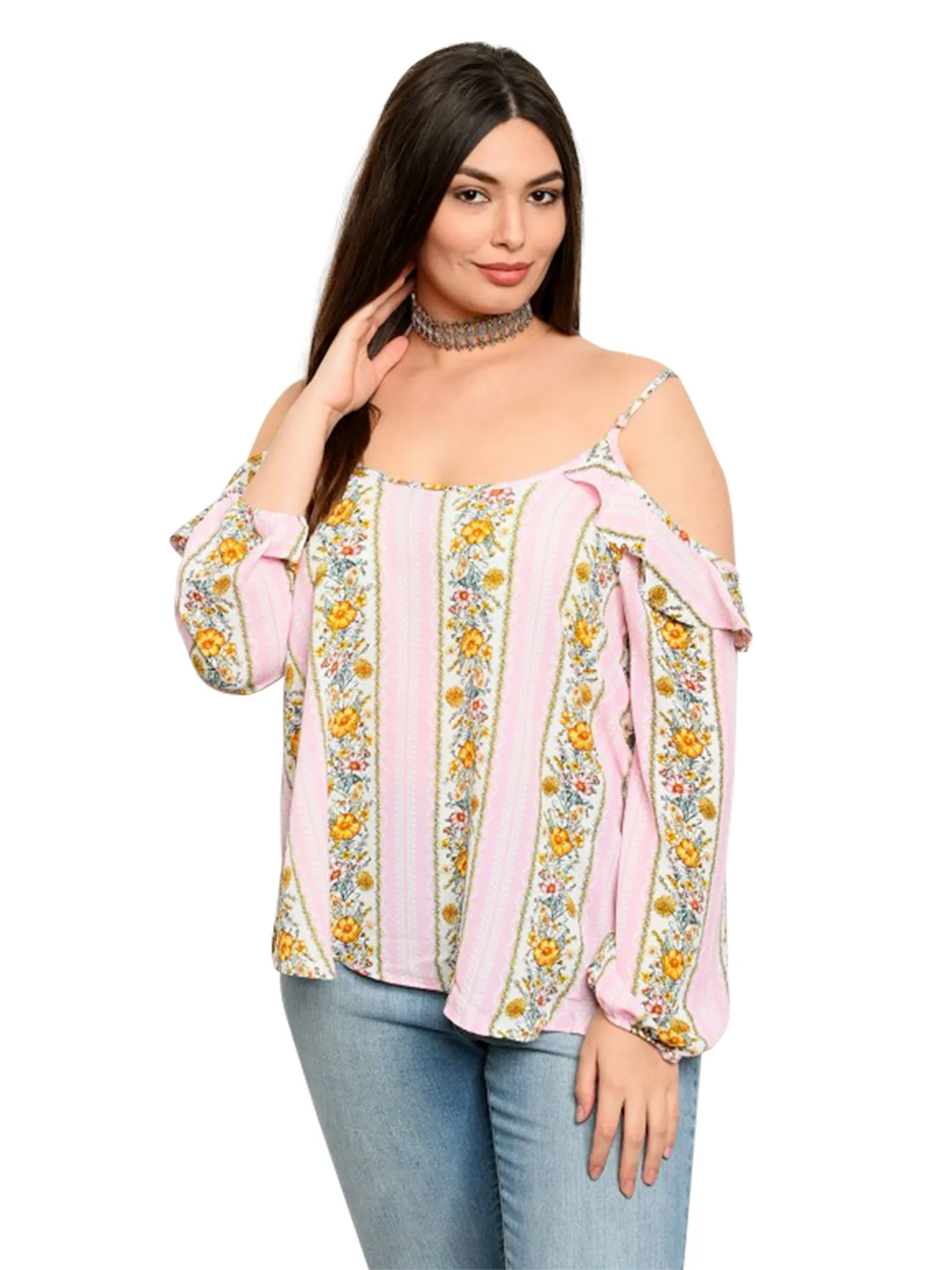 Cold Shoulder Pink Summer Floral Womens Plus Size Blouse Top Size X-Large