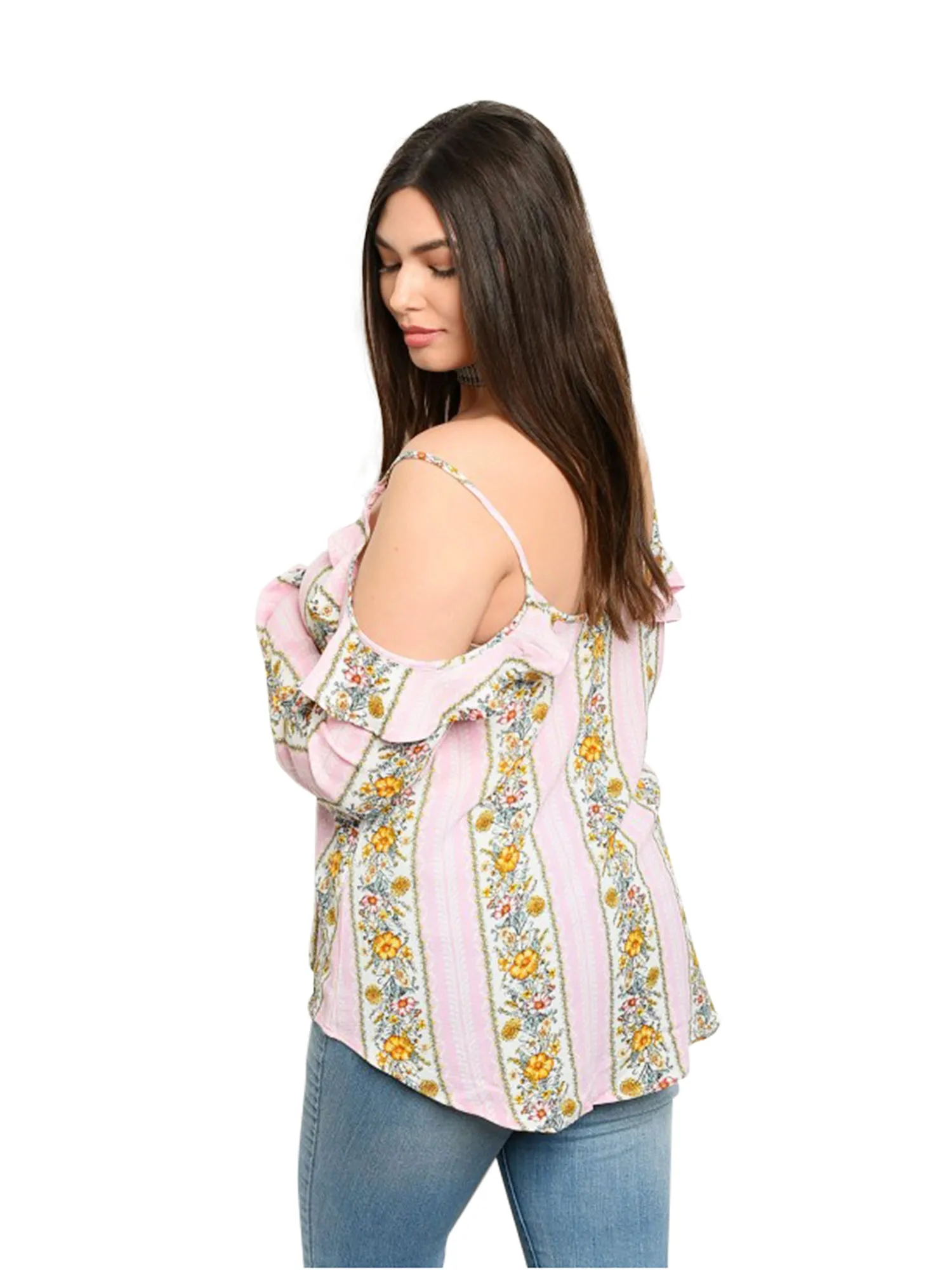 Cold Shoulder Pink Summer Floral Womens Plus Size Blouse Top Size X-Large
