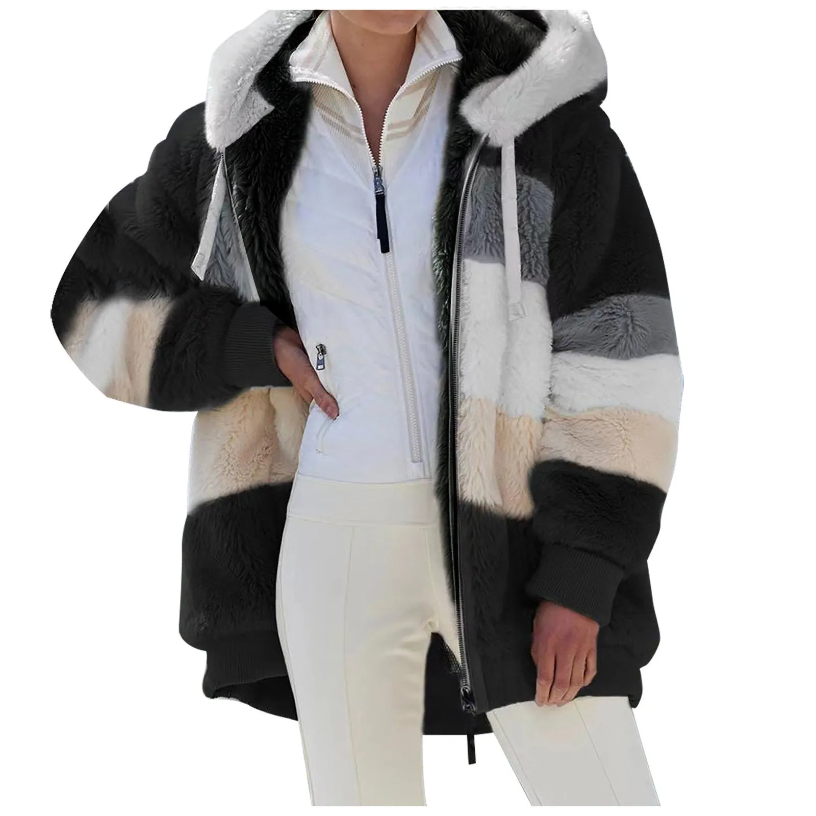 Color Block Drawstring Oversize Warm Hoodie Pullover