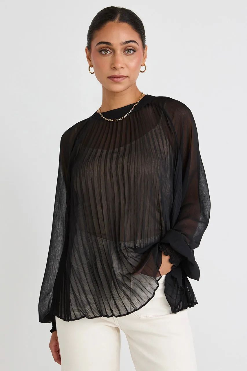 Black Sheer Pleated Swing Top by Corral