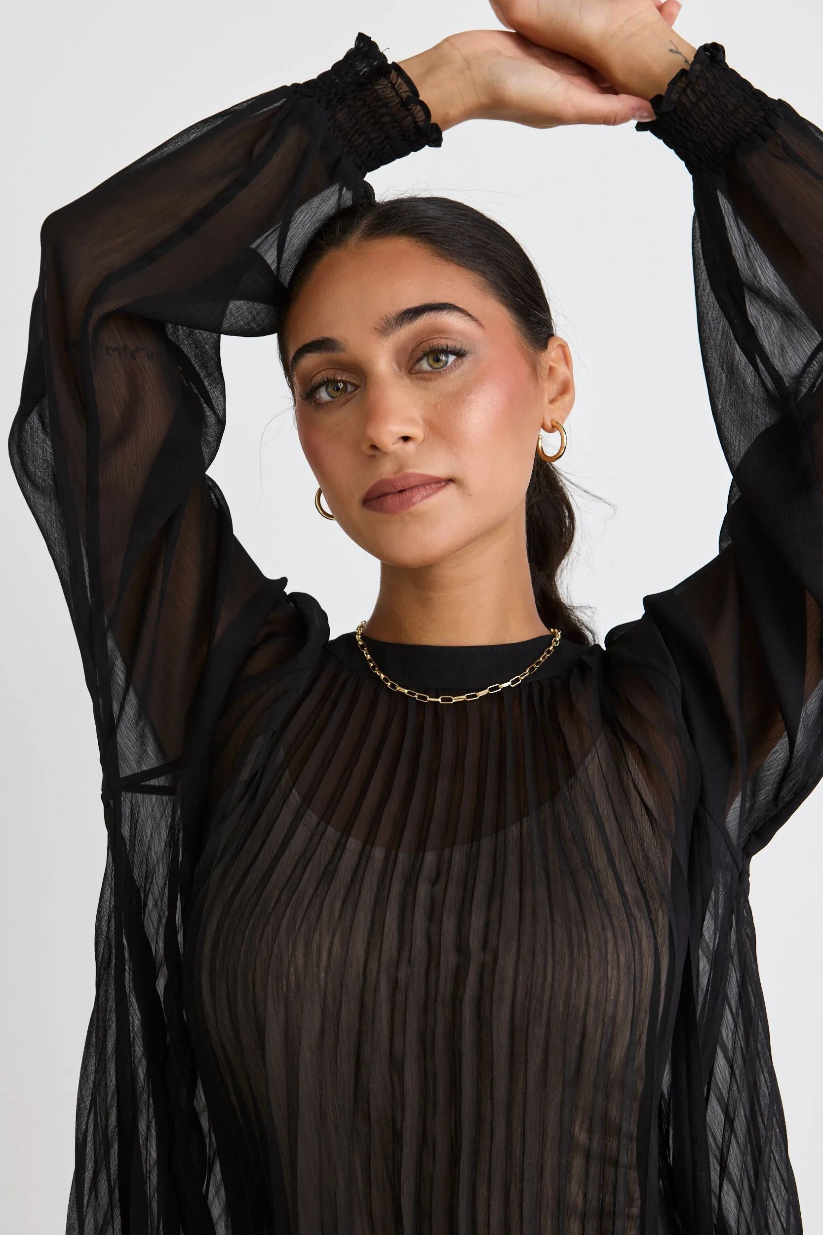Black Sheer Pleated Swing Top by Corral
