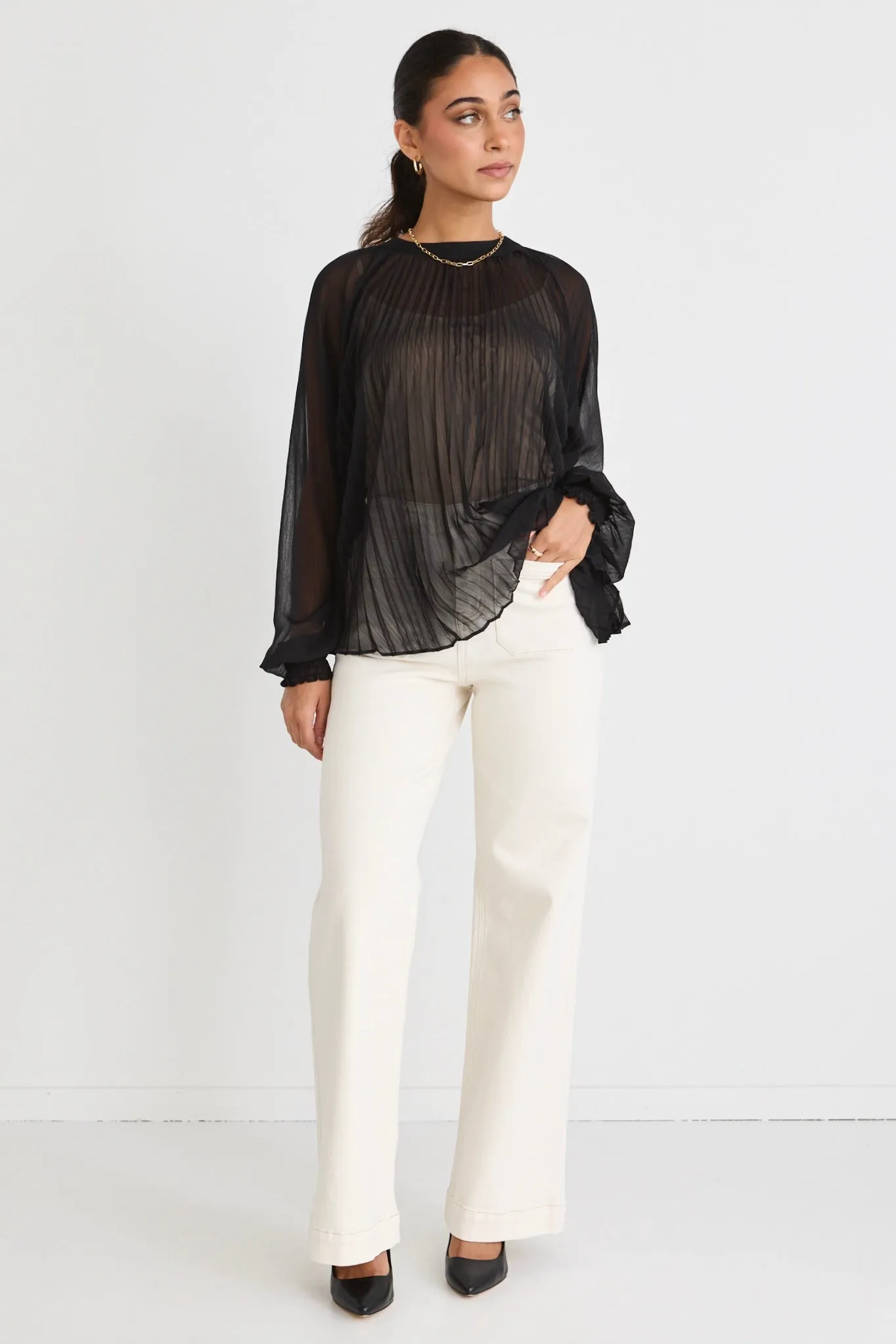 Black Sheer Pleated Swing Top by Corral