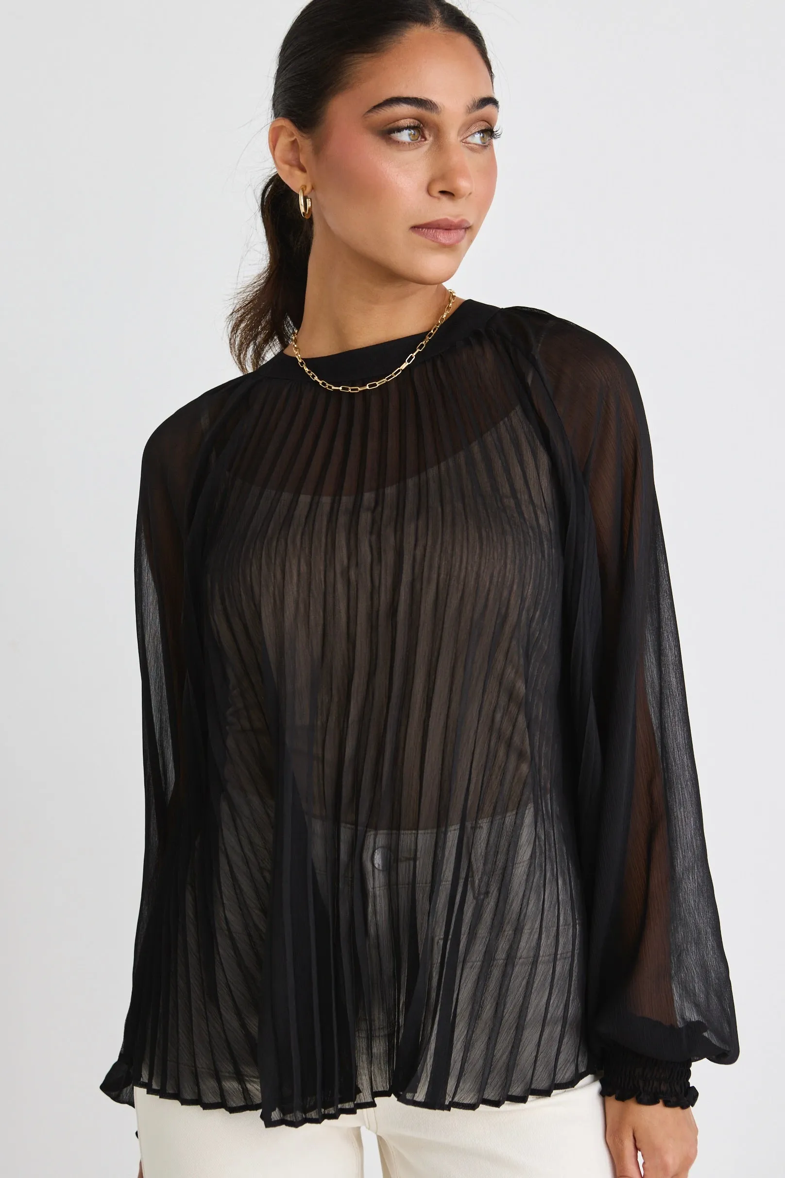 Black Sheer Pleated Swing Top by Corral