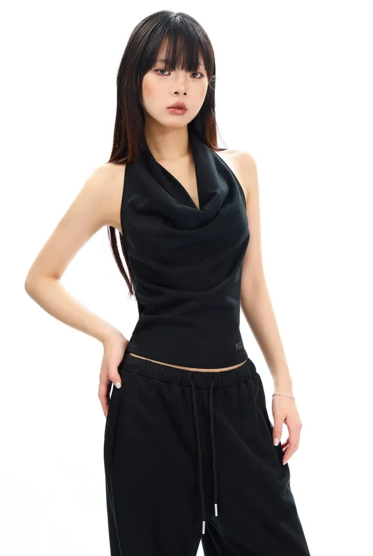 Cowl Neck Satin Halter Crop Top