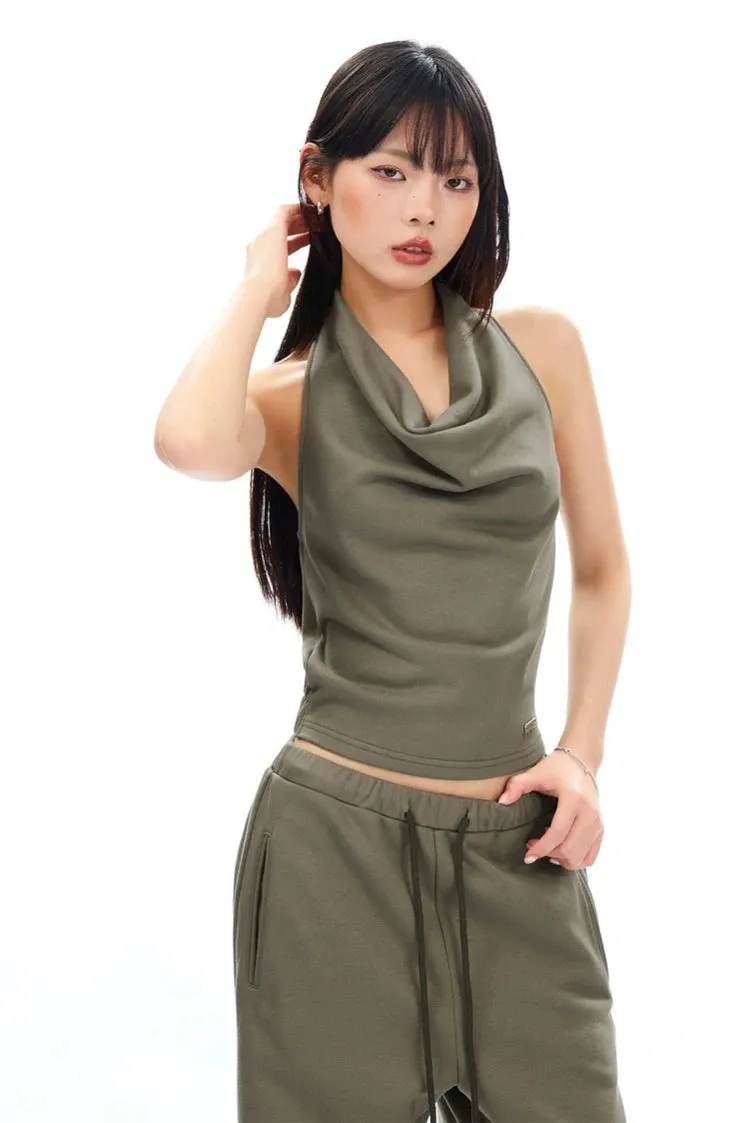 Cowl Neck Satin Halter Crop Top