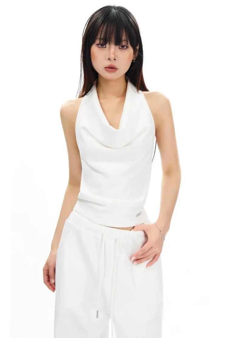 Cowl Neck Satin Halter Crop Top