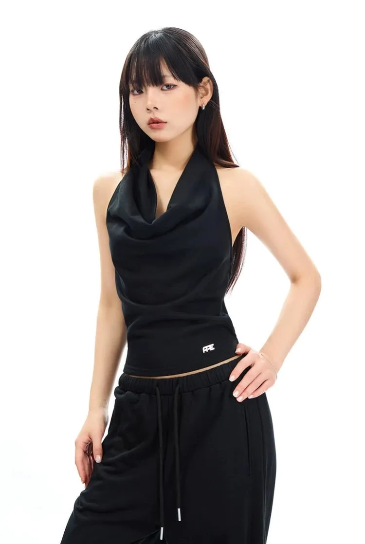 Cowl Neck Satin Halter Crop Top
