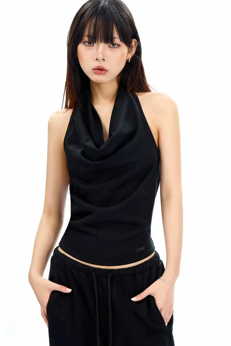 Cowl Neck Satin Halter Crop Top
