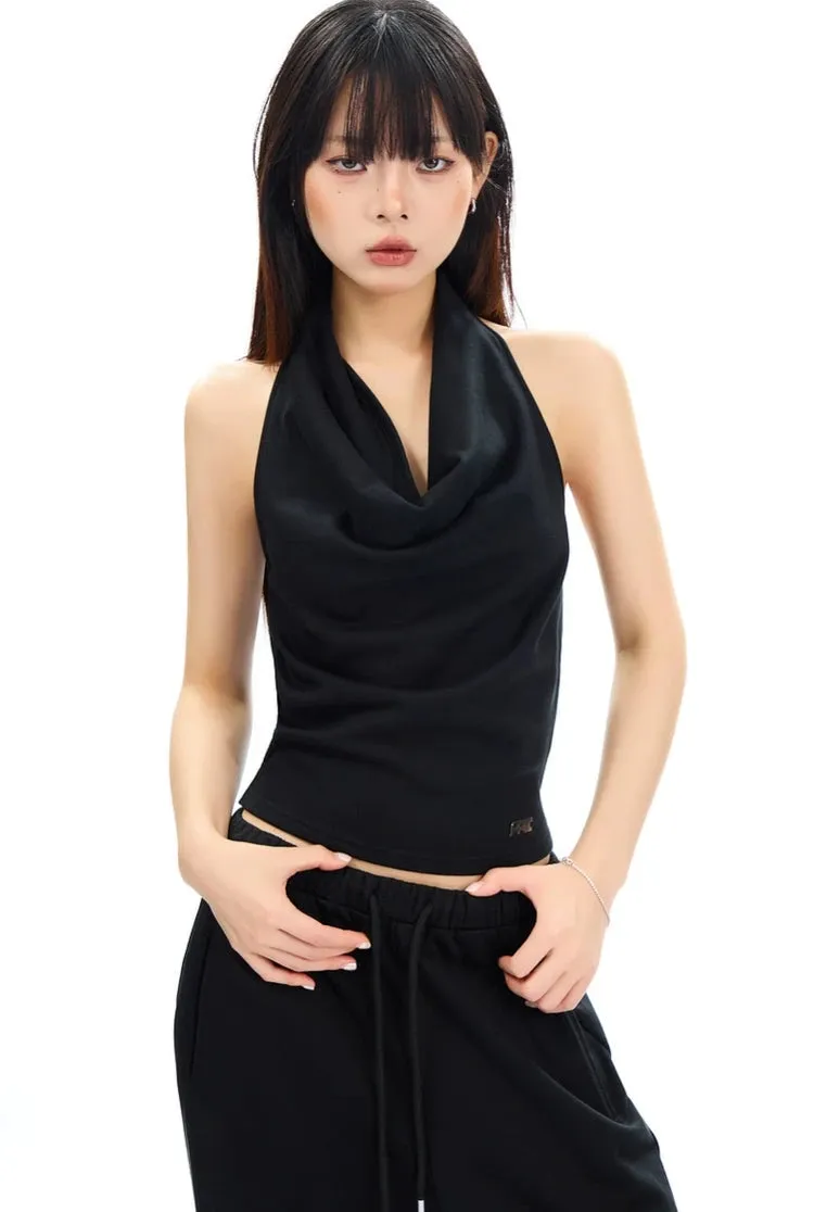 Cowl Neck Satin Halter Crop Top