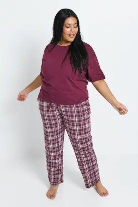 Curve Pure Cotton Pyjama Set - Burgundy Check