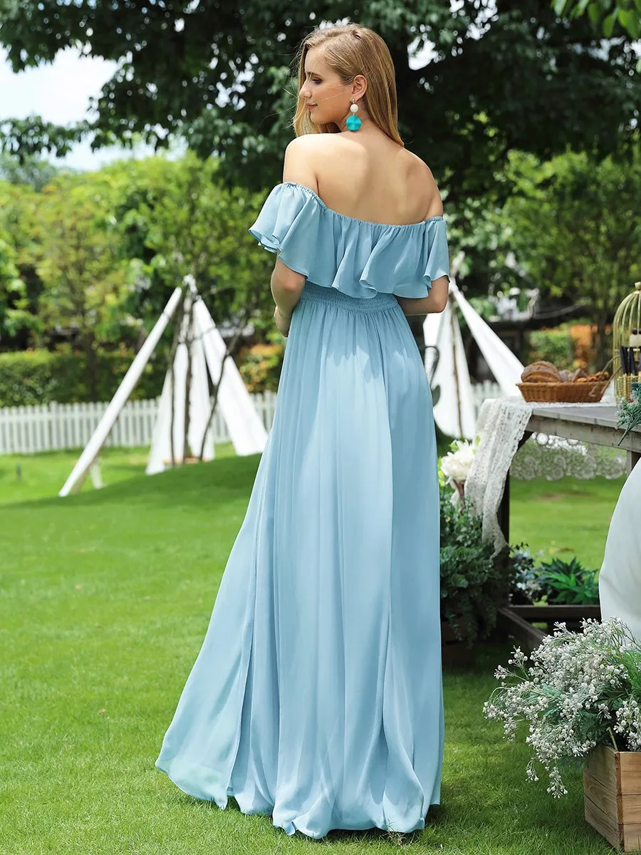Custom Size Women's Off Shoulder Ruffle Thigh Split Wholesale Bridesmaid Dresses