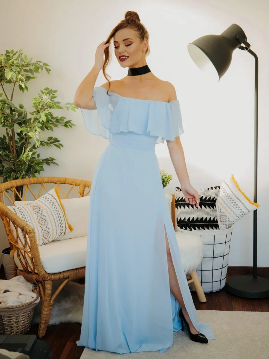 Custom Size Women's Off Shoulder Ruffle Thigh Split Wholesale Bridesmaid Dresses