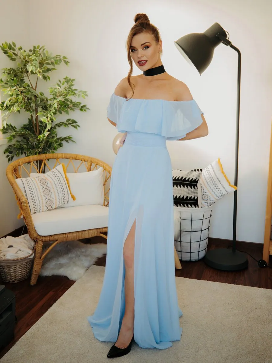 Custom Size Women's Off Shoulder Ruffle Thigh Split Wholesale Bridesmaid Dresses