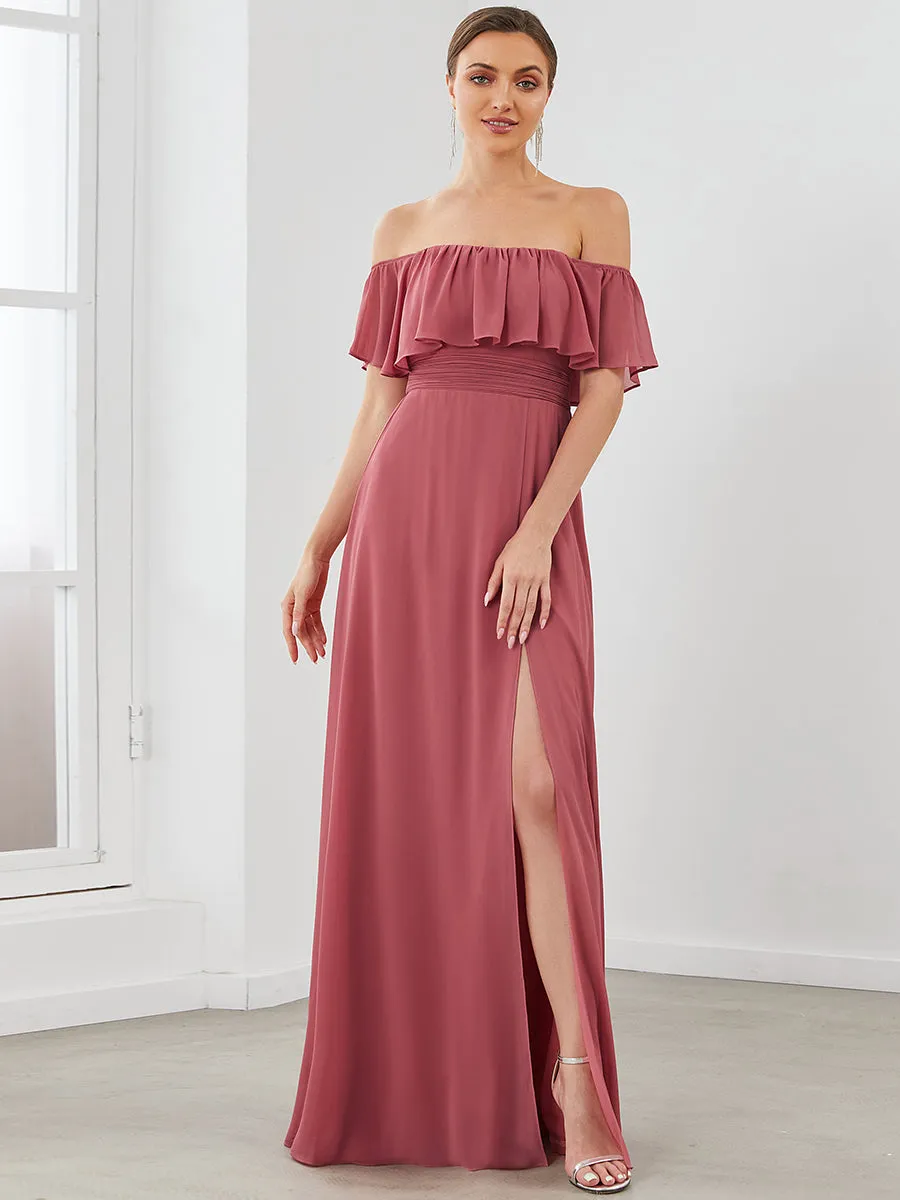 Custom Size Women's Off Shoulder Ruffle Thigh Split Wholesale Bridesmaid Dresses