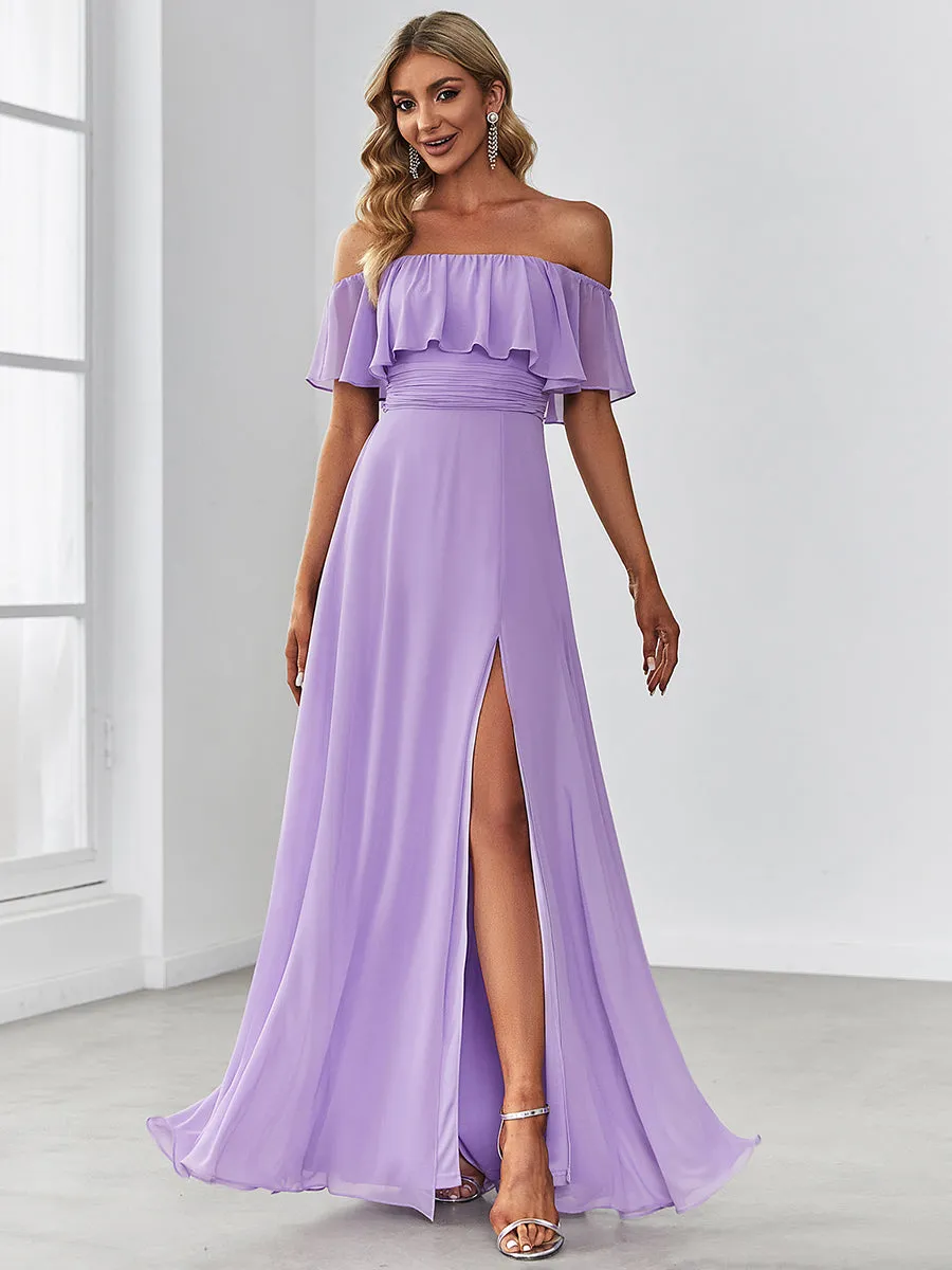 Custom Size Women's Off Shoulder Ruffle Thigh Split Wholesale Bridesmaid Dresses
