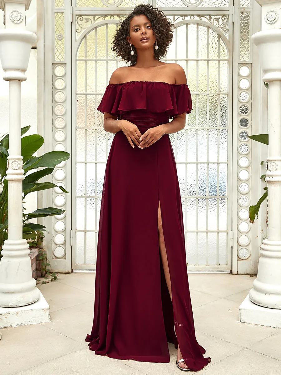 Custom Size Women's Off Shoulder Ruffle Thigh Split Wholesale Bridesmaid Dresses