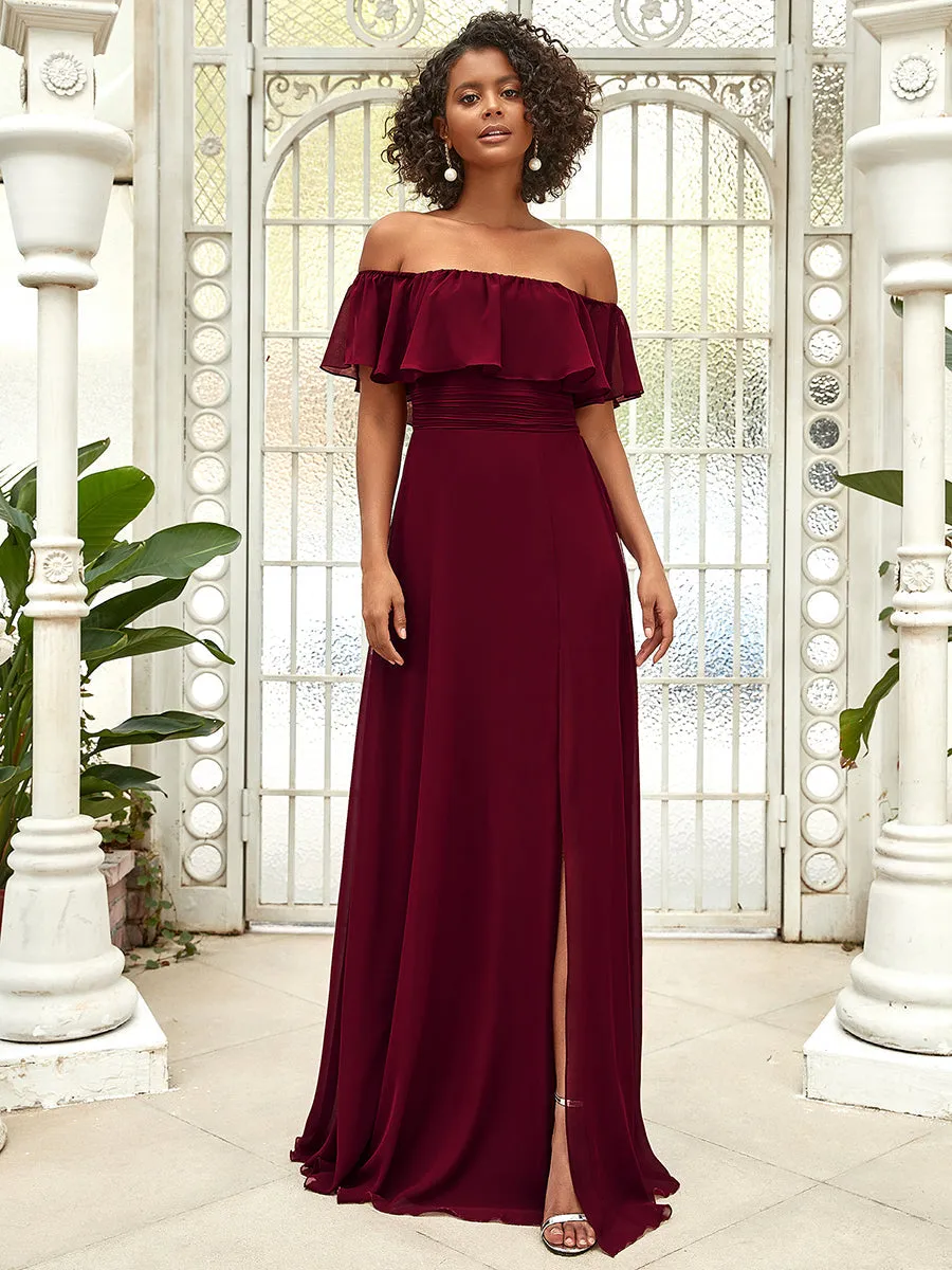 Custom Size Women's Off Shoulder Ruffle Thigh Split Wholesale Bridesmaid Dresses