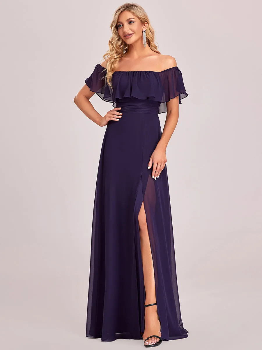 Custom Size Women's Off Shoulder Ruffle Thigh Split Wholesale Bridesmaid Dresses