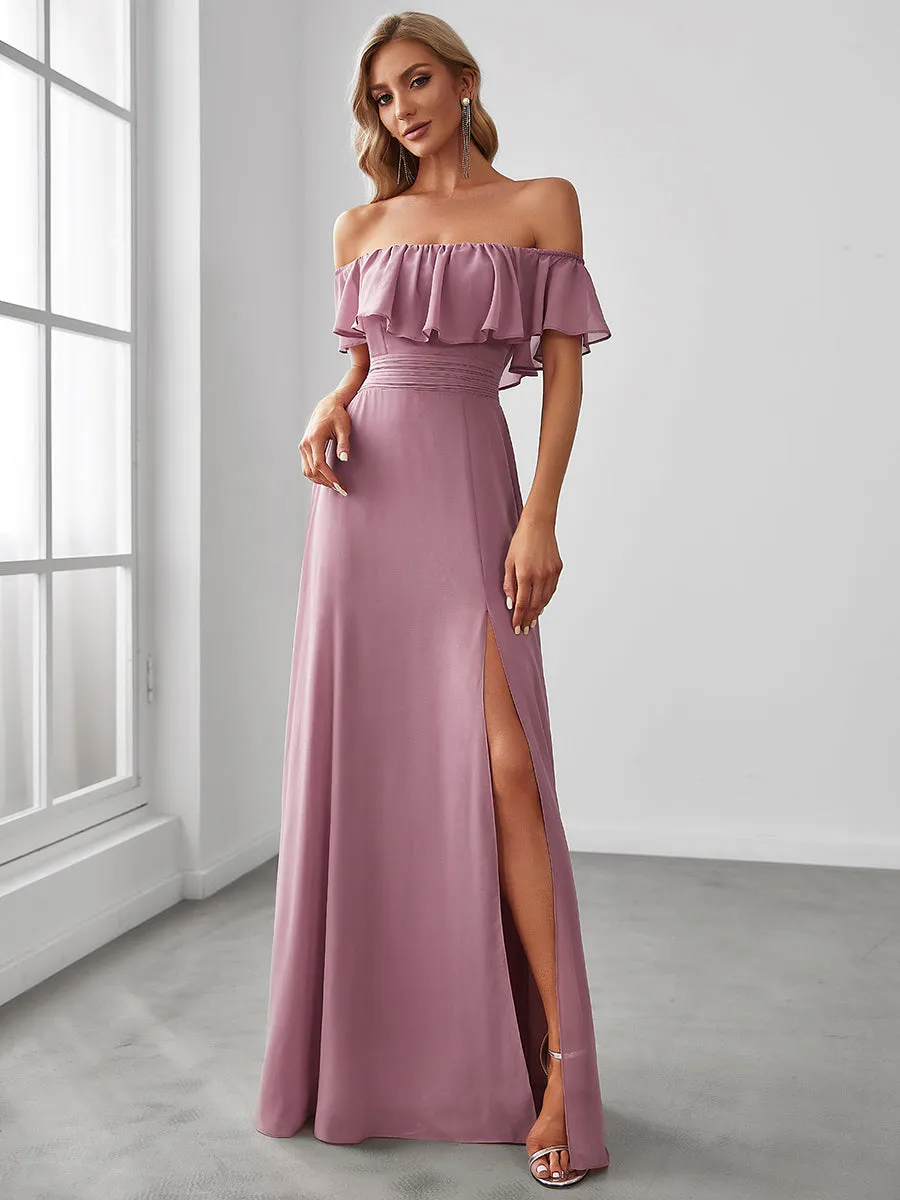 Custom Size Women's Off Shoulder Ruffle Thigh Split Wholesale Bridesmaid Dresses