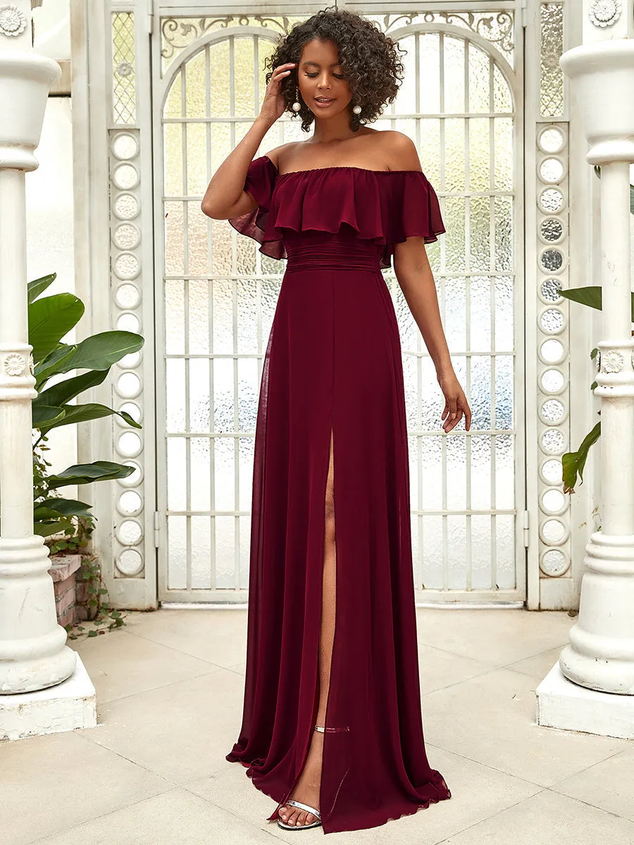 Custom Size Women's Off Shoulder Ruffle Thigh Split Wholesale Bridesmaid Dresses