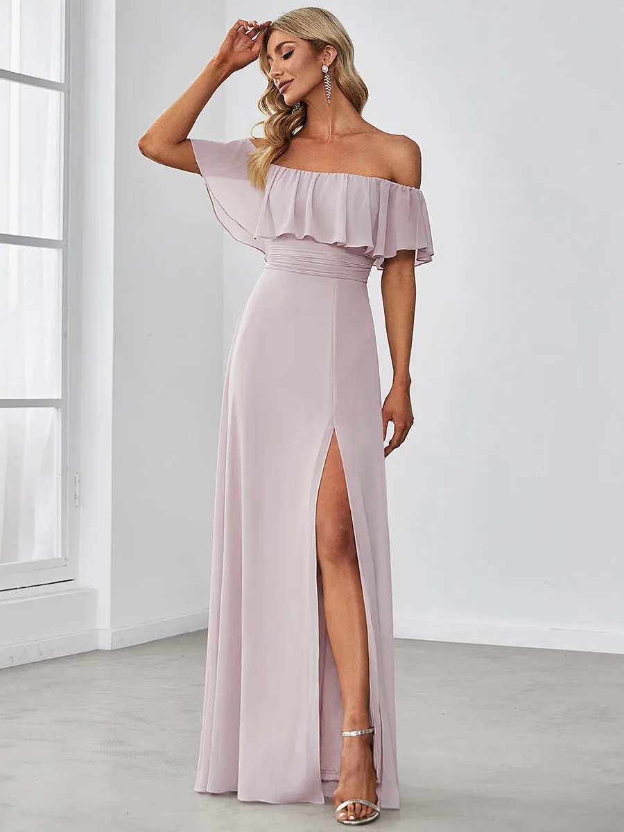 Custom Size Women's Off Shoulder Ruffle Thigh Split Wholesale Bridesmaid Dresses