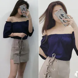 Dark Blue Short Sleeved Strapless Shirt and Lace Skirt Pants