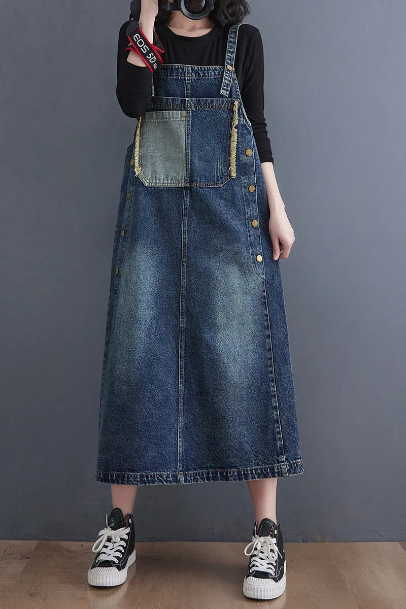 Denim Suspender Dress Women's Summer Loose Large Size Retro Distressed Stitching Slim Mid-Length Sleeveless Dress