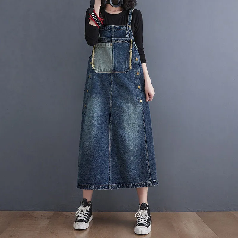 Denim Suspender Dress Women's Summer Loose Large Size Retro Distressed Stitching Slim Mid-Length Sleeveless Dress