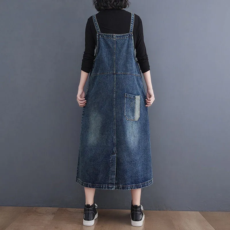 Denim Suspender Dress Women's Summer Loose Large Size Retro Distressed Stitching Slim Mid-Length Sleeveless Dress