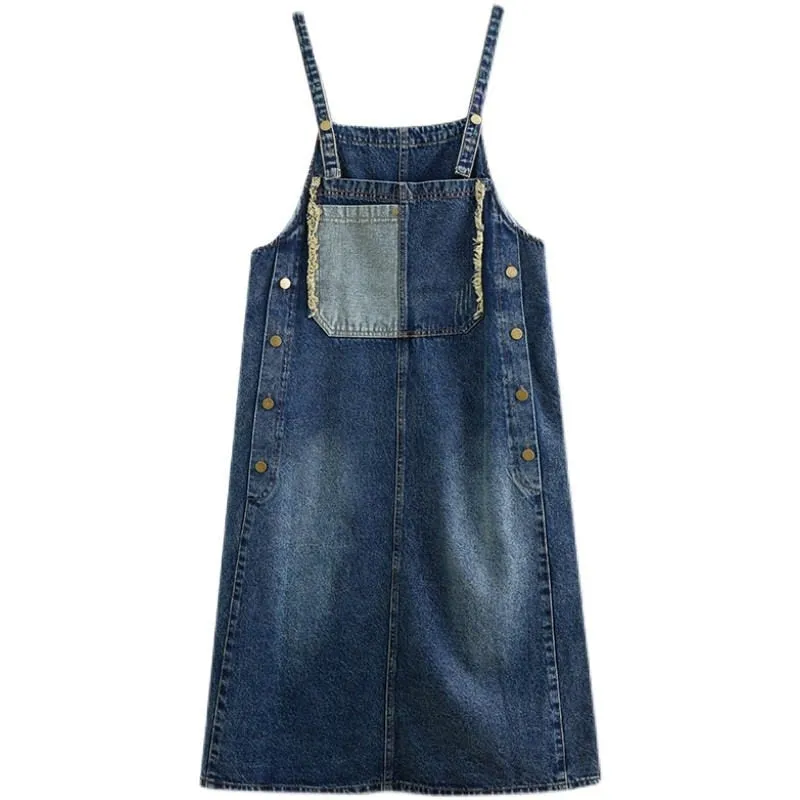Denim Suspender Dress Women's Summer Loose Large Size Retro Distressed Stitching Slim Mid-Length Sleeveless Dress