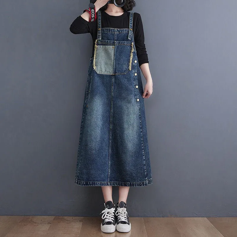 Denim Suspender Dress Women's Summer Loose Large Size Retro Distressed Stitching Slim Mid-Length Sleeveless Dress