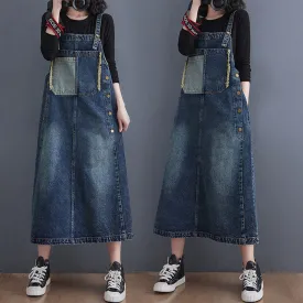 Denim Suspender Dress Women's Summer Loose Large Size Retro Distressed Stitching Slim Mid-Length Sleeveless Dress
