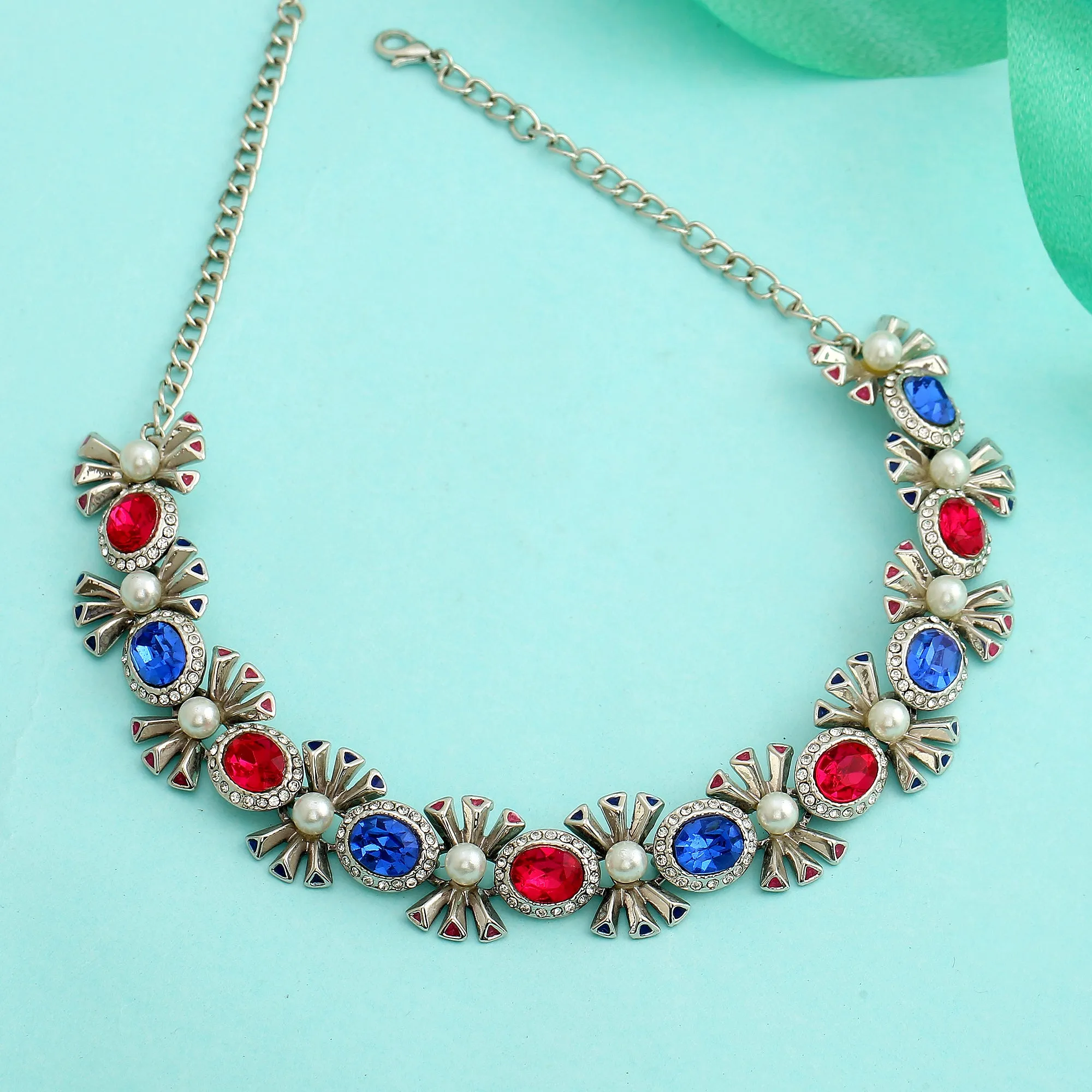 Designer Rhodium plated Pop Diva Necklace with blue and pink Austrian crystals