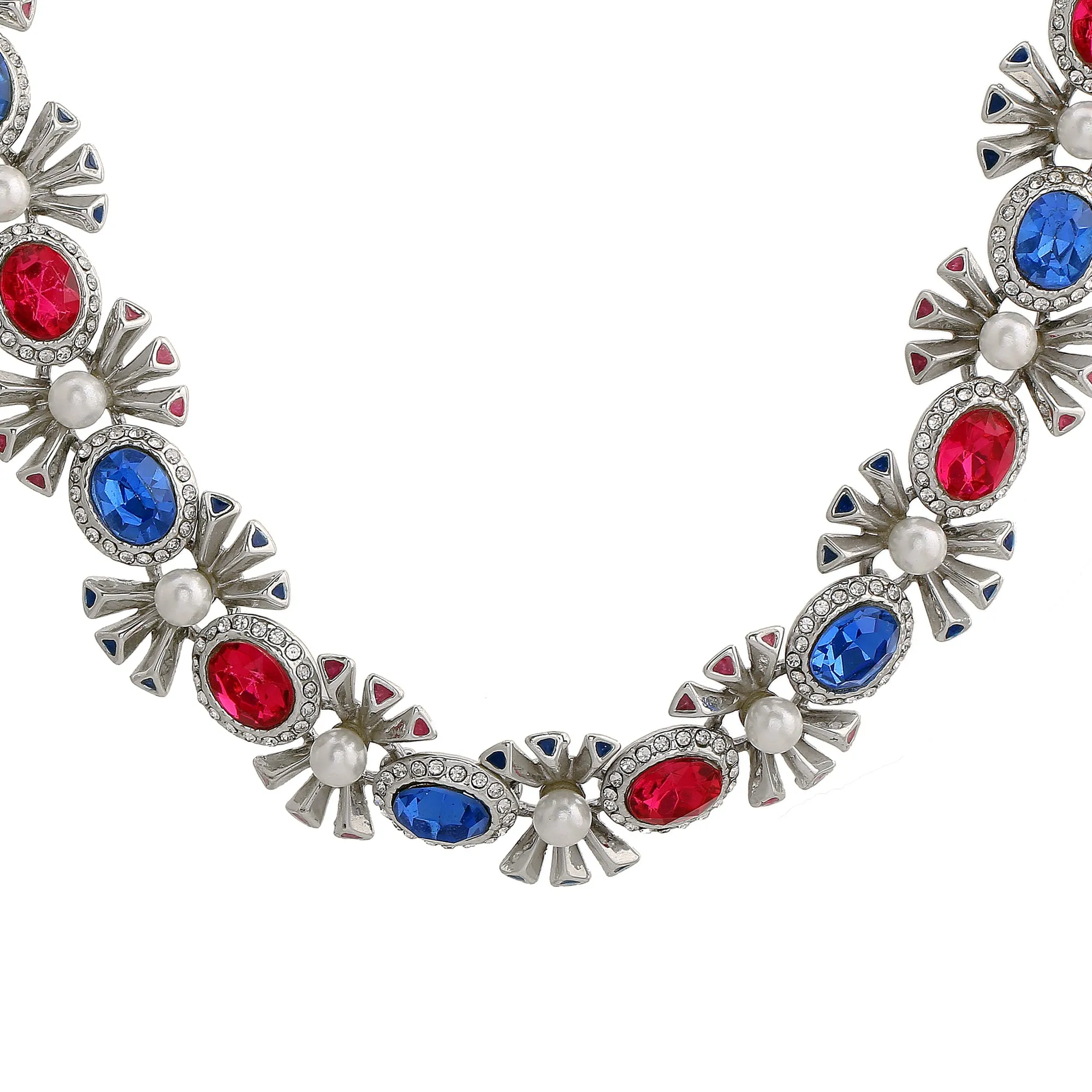 Designer Rhodium plated Pop Diva Necklace with blue and pink Austrian crystals