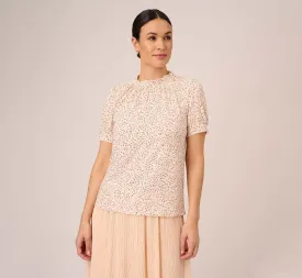 Ditsy Floral Print Top With Short Sleeves And Ruffle Neck In Ivory Champagne Tropical Ditsy