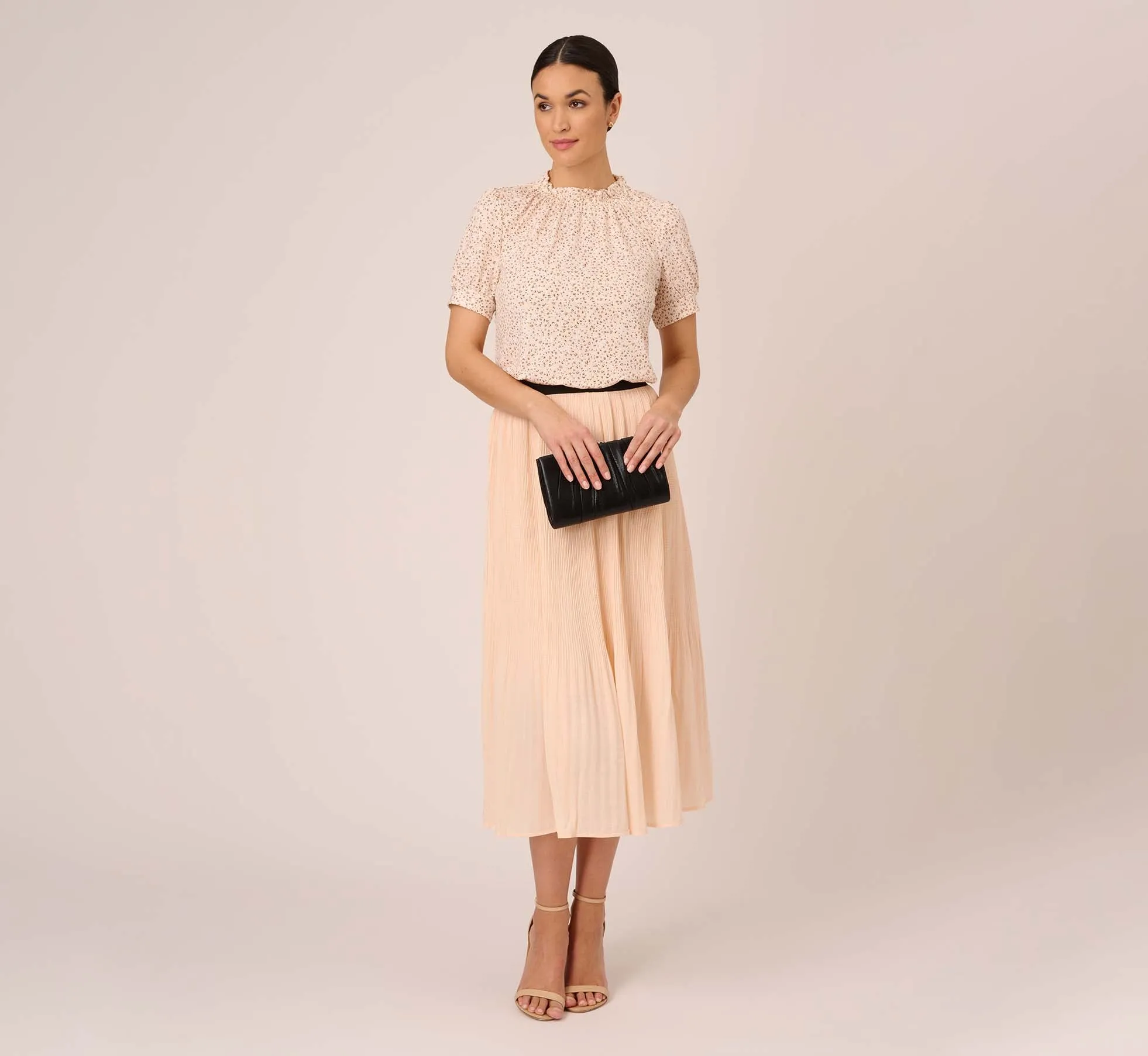 Ditsy Floral Print Top With Short Sleeves And Ruffle Neck In Ivory Champagne Tropical Ditsy