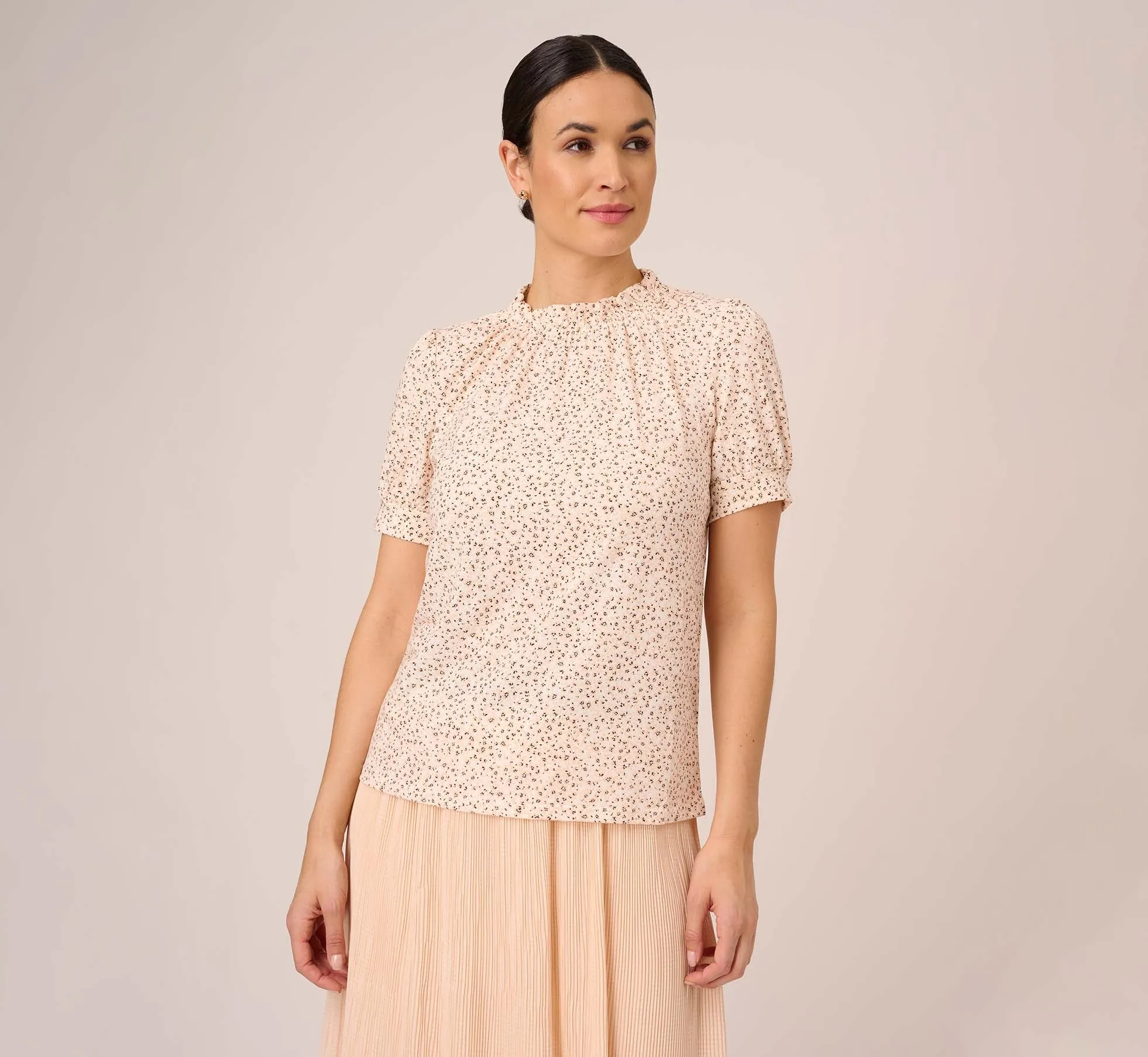 Ditsy Floral Print Top With Short Sleeves And Ruffle Neck In Ivory Champagne Tropical Ditsy