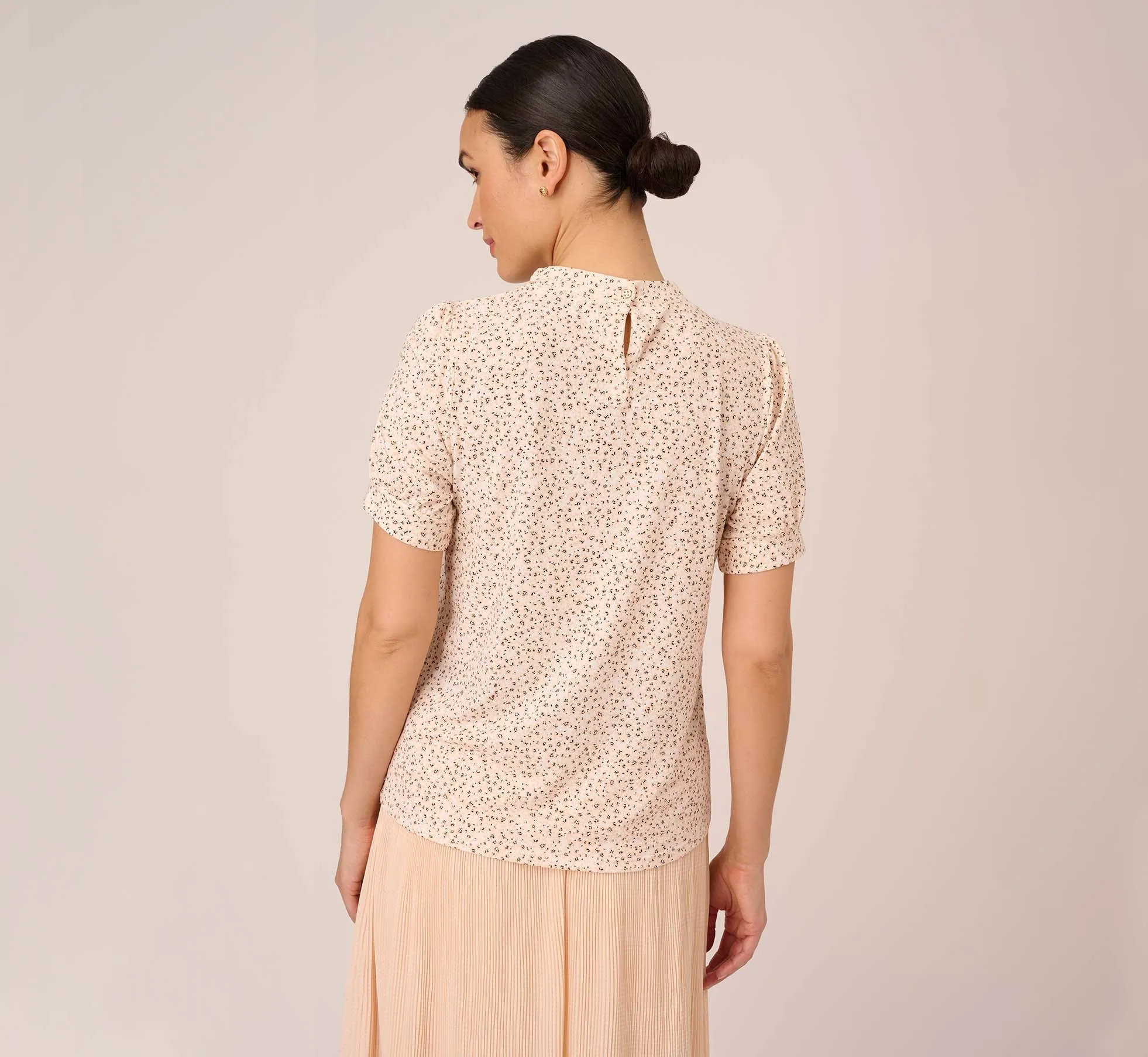 Ditsy Floral Print Top With Short Sleeves And Ruffle Neck In Ivory Champagne Tropical Ditsy