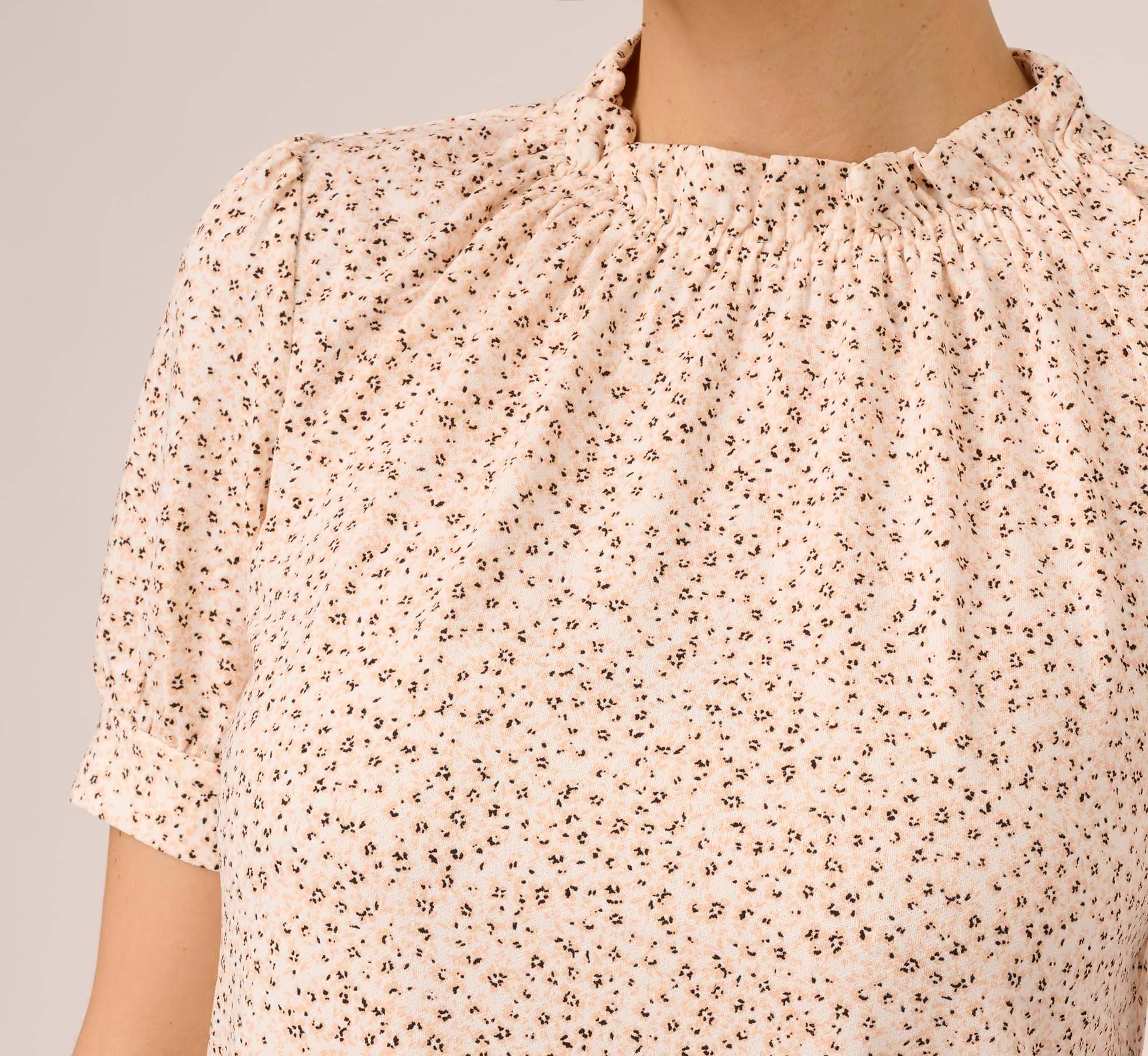 Ditsy Floral Print Top With Short Sleeves And Ruffle Neck In Ivory Champagne Tropical Ditsy