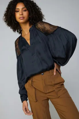 Sure! Heres an optimized title with descriptive modifiers:

Elegant Black Enchanted Satin Blouse for Women