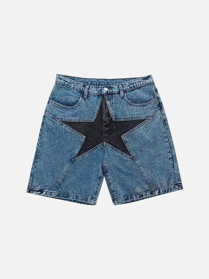 Five-Pointed Star Splicing Slim Ddenim Shorts