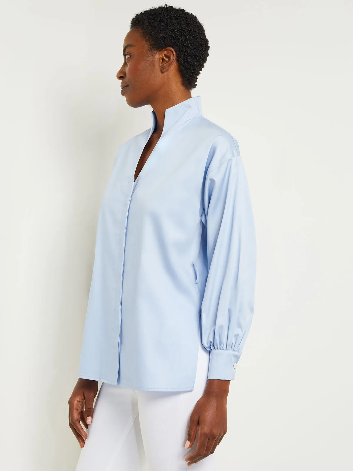 Funnel Neck Belted Cotton Blouse